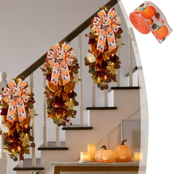 Neoyler Decorative Ribbon for Thanksgiving with Christmas Decorations Fabric Plaid Edge Soft Texture Suit for Holiday Crafts Home Embellishments 2.4in Orange