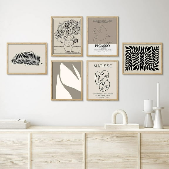 PixonSign Framed Canvas Print Wall Art Set - Duotone Matisse Tropical Jungle Leaf & Humanities Pattern Poster - Set of 6 Abstract Artwork Minimalism Cultural Art Wall Décor - 8"x10"x6 Natural