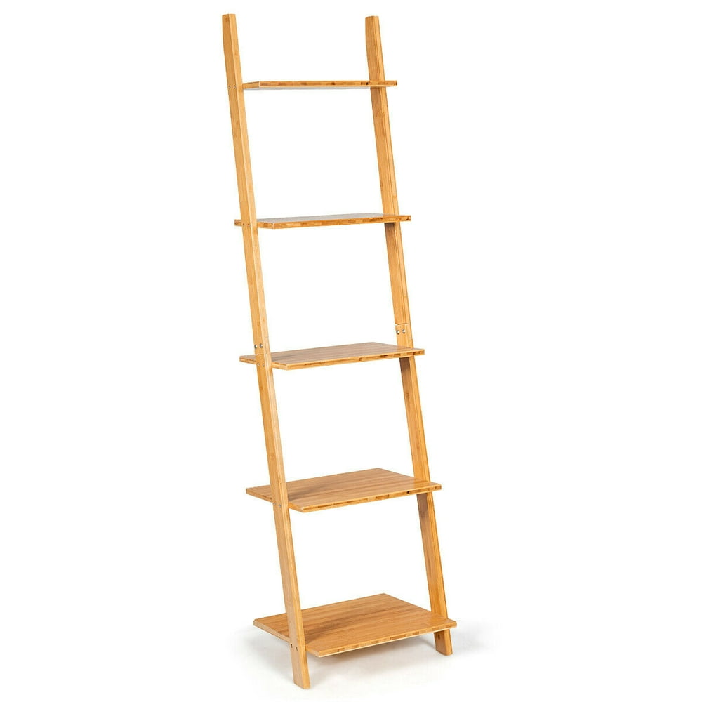 Gymax 5Tier Ladder Shelf Modern Bamboo Leaning Bookshelf Ladder