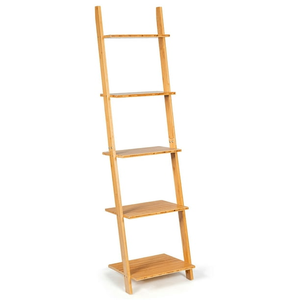 Gymax 5 Tier Ladder Shelf Modern Bamboo, Leaning Ladder Bookcase Plans