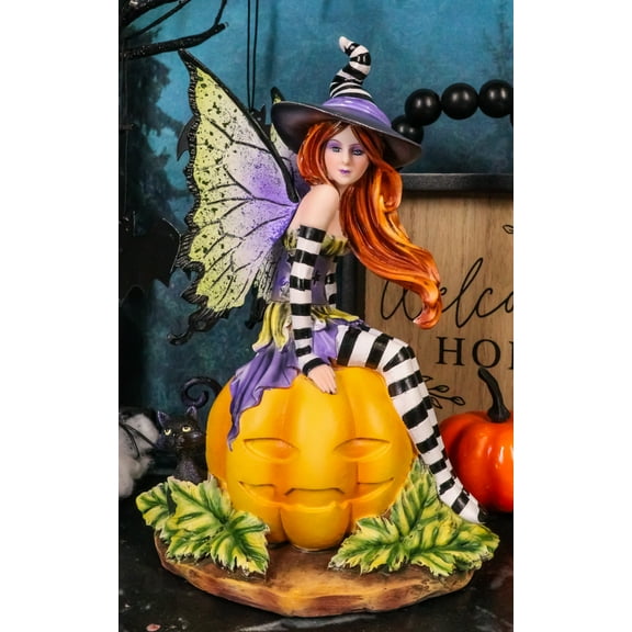 Amy Brown Halloween Bewitched Fairy With Black Cat On Giant Pumpkin Figurine