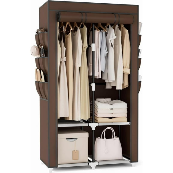 Portable Closet Wardrobe for Hanging Clothes with 4 Storage Shelves, 2 Hanging Rods and 6 Pockets, Stable and Easy Assembly Clothes Rack with Cover Free Standing Closet, Brown