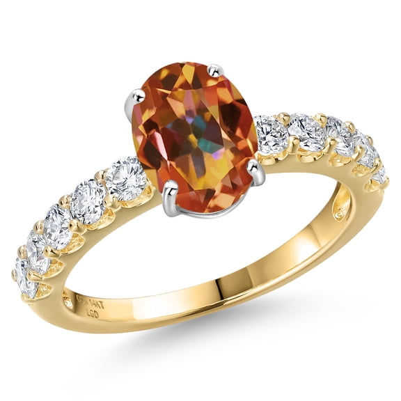 Gem Stone King 14K Two Tone Gold Ecstasy Mystic Topaz and Lab Grown Diamond Engagement Ring for Women | 2.65 Cttw | Oval 9X7MM | Gemstone November Birthstone | Size 5