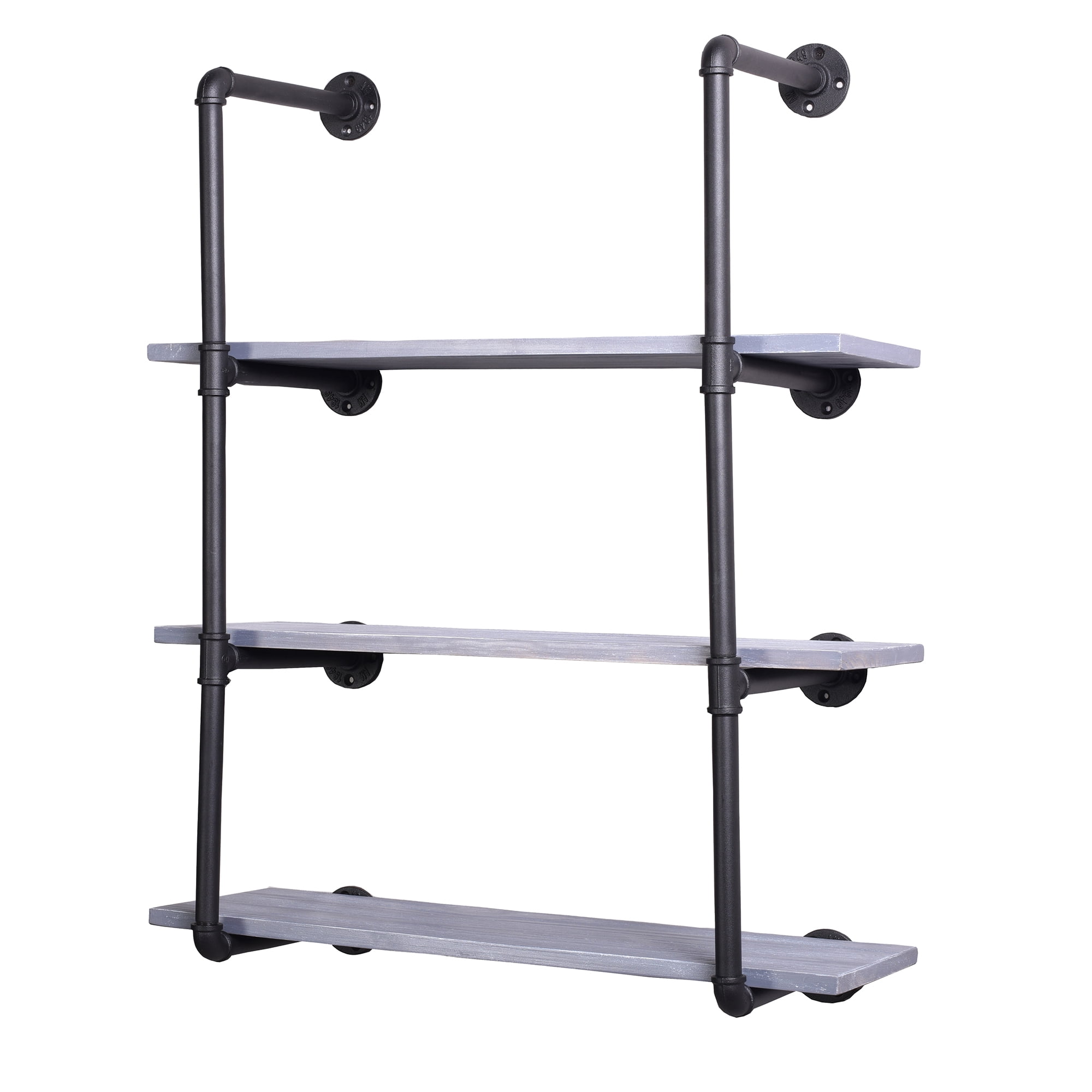 Warehouse of Tiffany Fetrior Black Pipe 3-Level Weathered Gray Floating Wooden Bookshelves