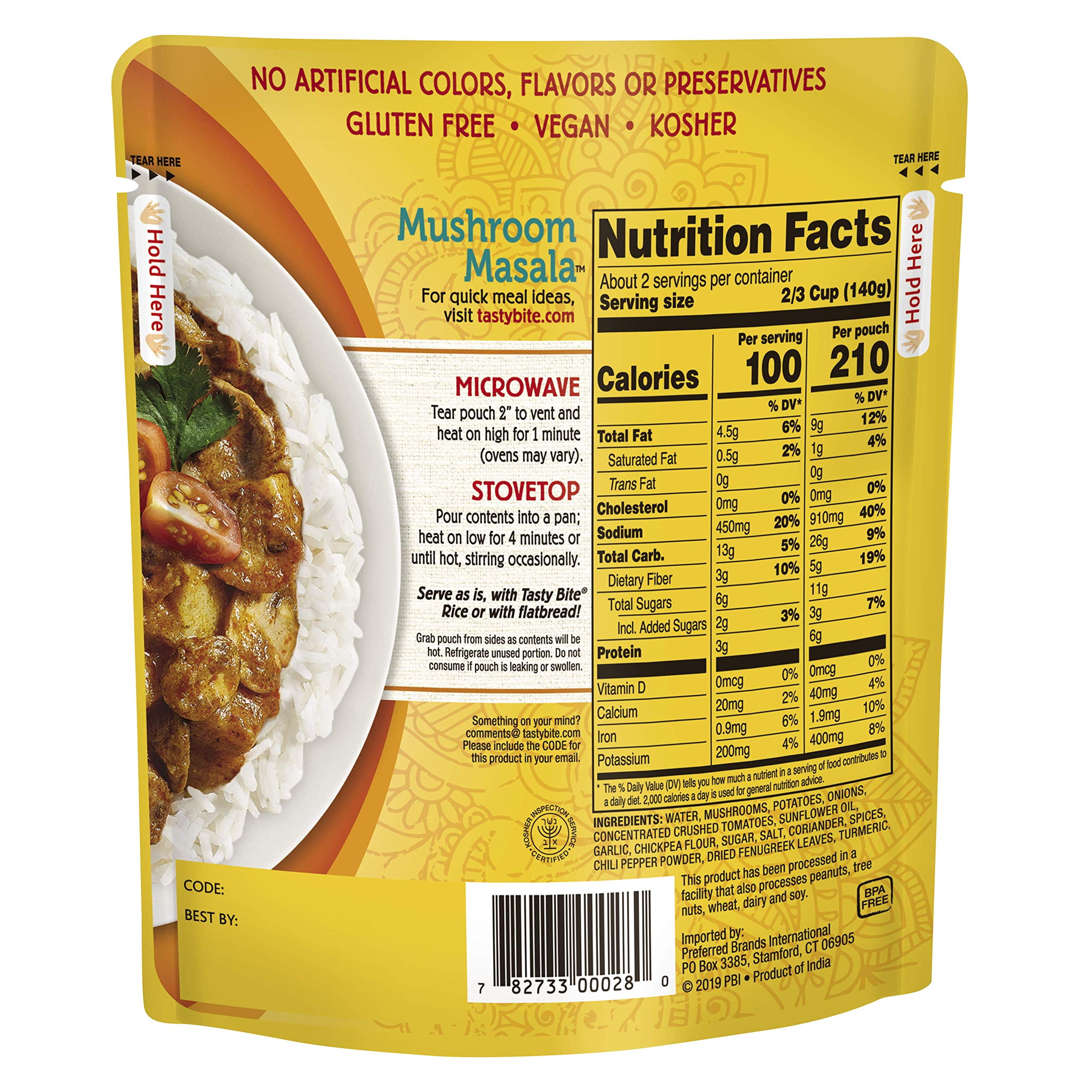 Tasty Bite Indian Mushroom Masala, Microwaveable Ready to Eat Entre, 10 Ounce (Pack of 6)