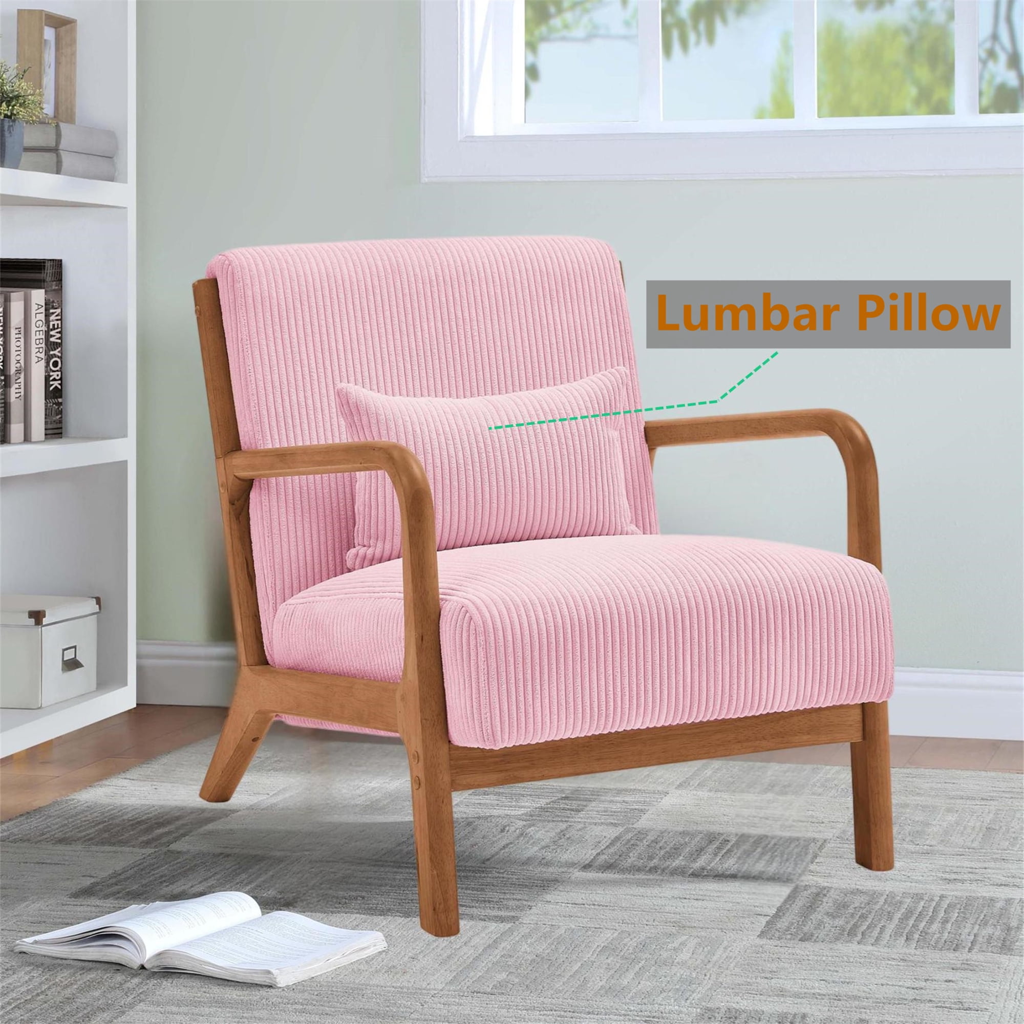 Aukfa Corduroy Mid Century Modern Accent Chair w/ Wood Frame&Pillow for Living Room, Pink