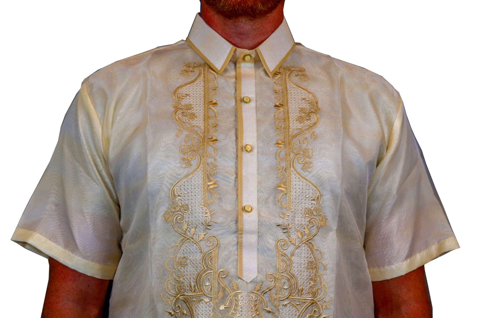 White Organza Short Sleeve Barong Tagalog - Philippine Formal Shirt, US Size Medium