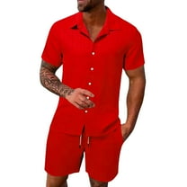 Tiweut Mens Outfits Sets Summer Sports Comfortable Short Sleeve Lapel Button Down Shirts Shorts Two Piece Suit for Man Red,3XL