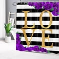 thumbnail image 3 of Valentine''s Day Shower Curtain for Bathroom, Romantic Purple Rose Floral and Gold Love on Black and White Striped Fabric Shower Curtain with Hooks,Flower Bathroom Curtain Shower Set, 72" W x 72" L, 3 of 4