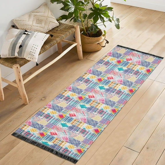 Ryvnso Checkered Grid Pattern-a1 Bedroom Runner Rug 2'x6' Hallway Area Carpet Non Slip Entryway Mat with Tassels