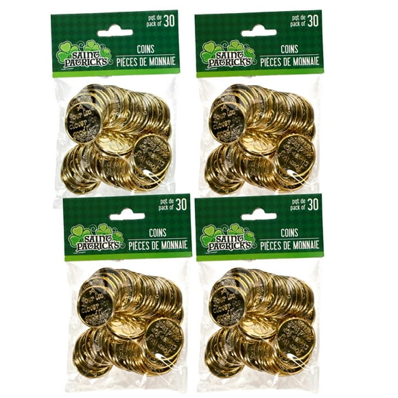 St Patrick's Day Plastic Gold Coins, 120 Pieces Total Clover Leaf Lucky Coins Decor for St. Patricks Shamrock Home Table Sprinkles Holiday Party Decoration Favors Supplies & CUSTOM Storage Carrier