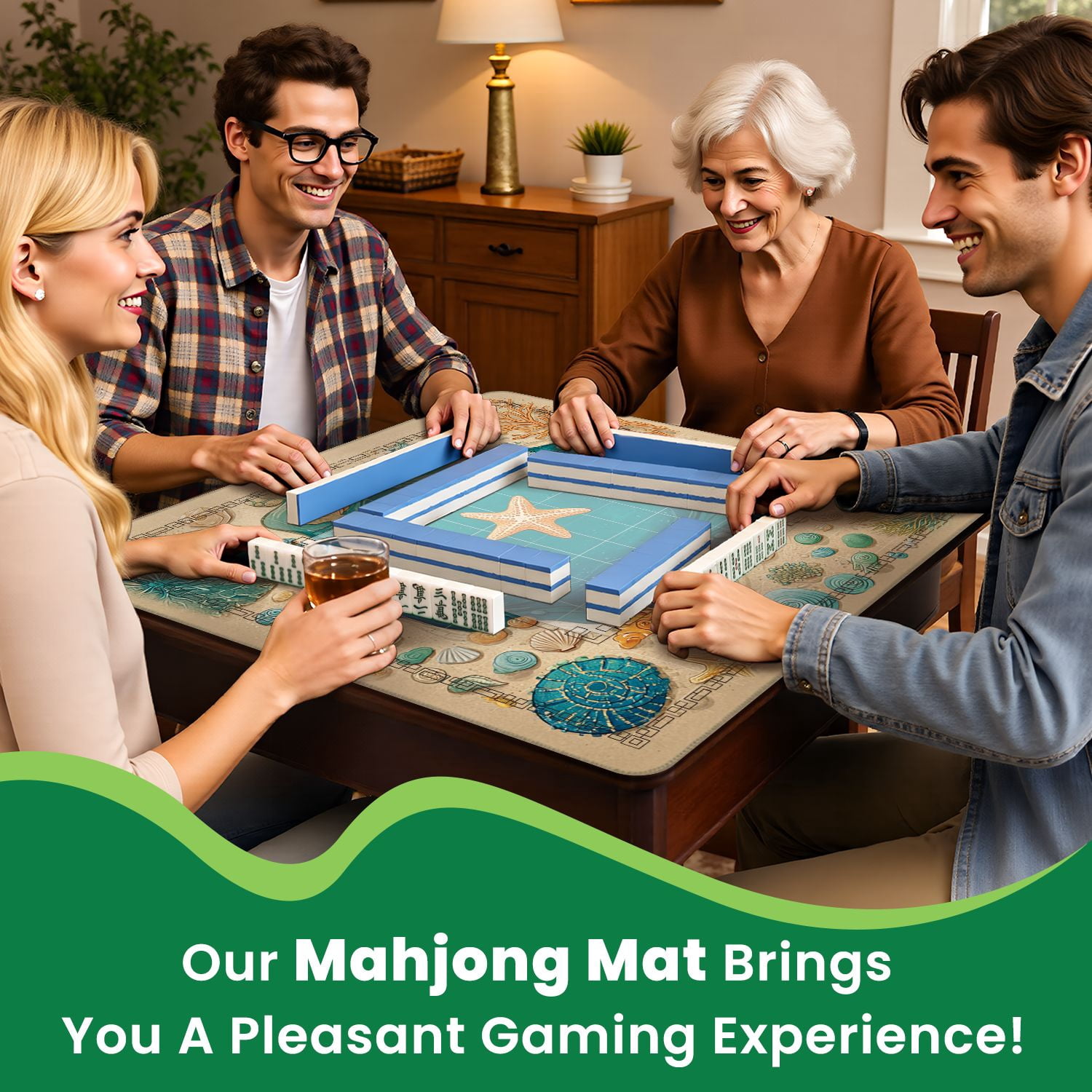 Mahjong Mat 31.5" x 31.5" Colorful Starfish Seashells Ocean Tide Pool Sandy Beach Border Non-Slip Noise Reduction American Mahjong Tiles Table Cover for Dominoes Poker Card Board Games Gift