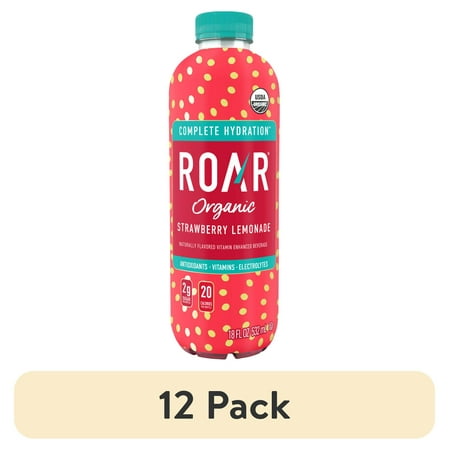 (12 pack) Roar Organic Beverage Strawberry Lemonade with Antioxidants B Vitamins Low-Calorie Low-Sugar Low-Carb 18 Fl Oz Bottle