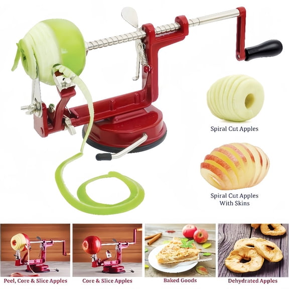 Heavy Duty 5-in-1 Apple Peeler Corer Slicer & Spiralizer with Non-Slip Suction Base & Hand Crank - Cast Iron Fruit Vegetable Peeler for Apples, Potatoes, Pares - Multi