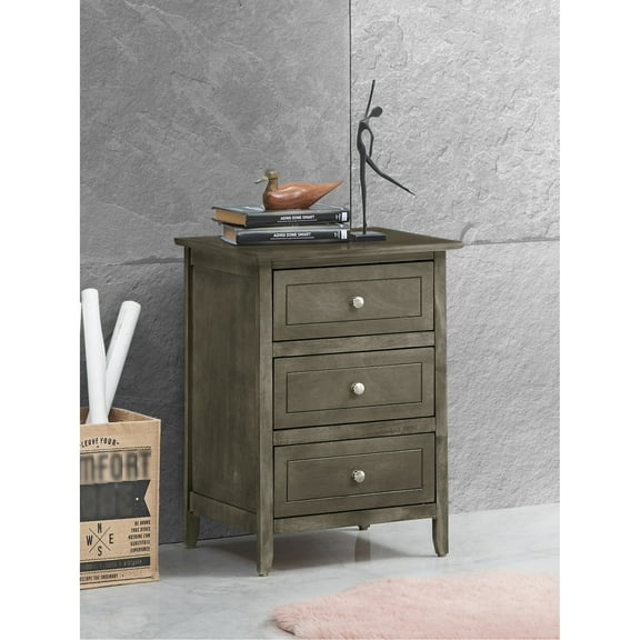 Transitional Gray Nightstand With 3 Organized Drawers - 25" Height Sophisticated 15"d For Neat Home Appearance