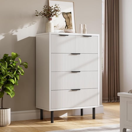 Modern Fluted 5-Drawer Tall Dresser Wooden Chest of Drawers with Wood Grain Finish Metal Legs Large Top and Anti-Tip Hardware for Bedroom Hallway Entryway Living Room White