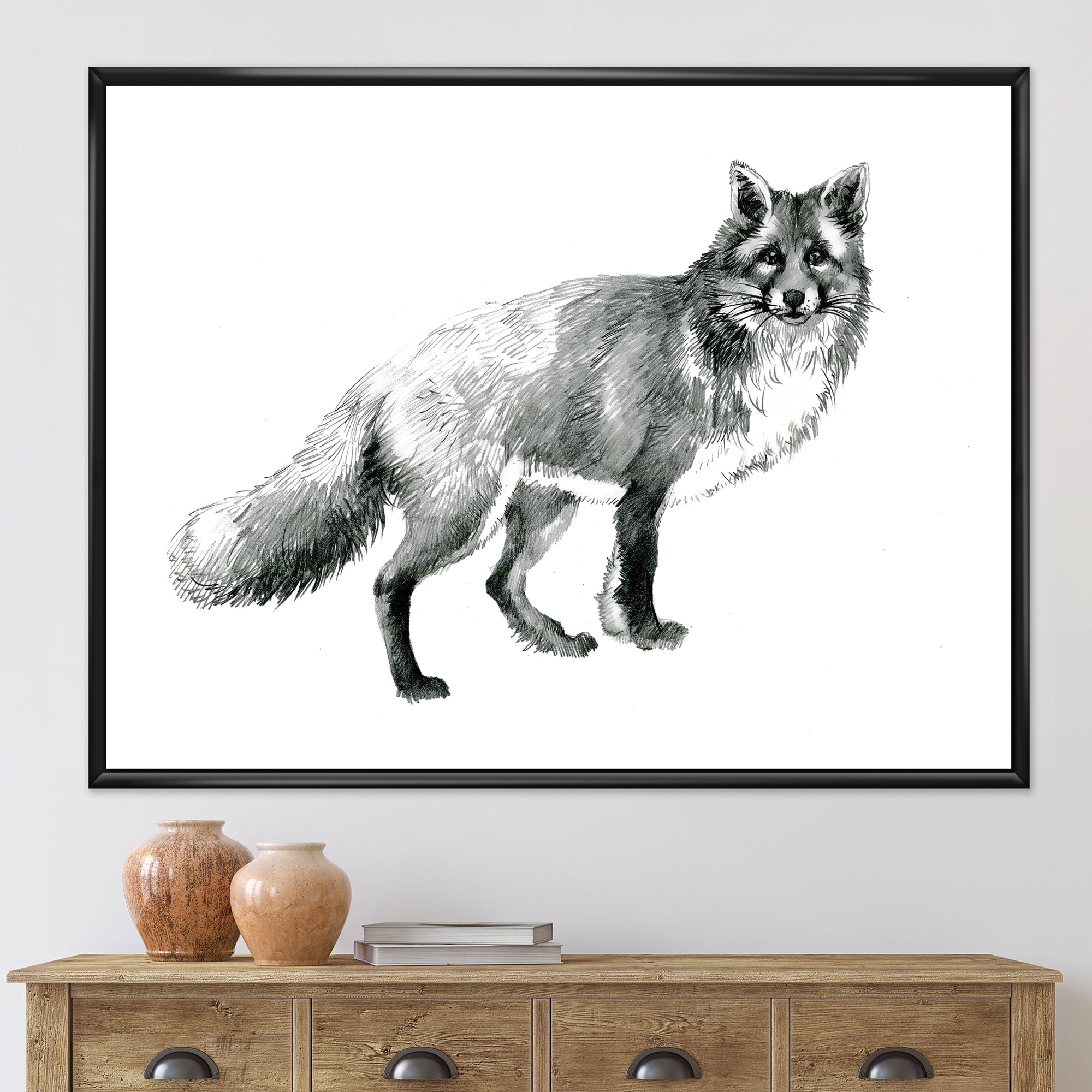 Designart 'Black and White Portrait Fox' Farmhouse Framed Canvas Wall Art Print