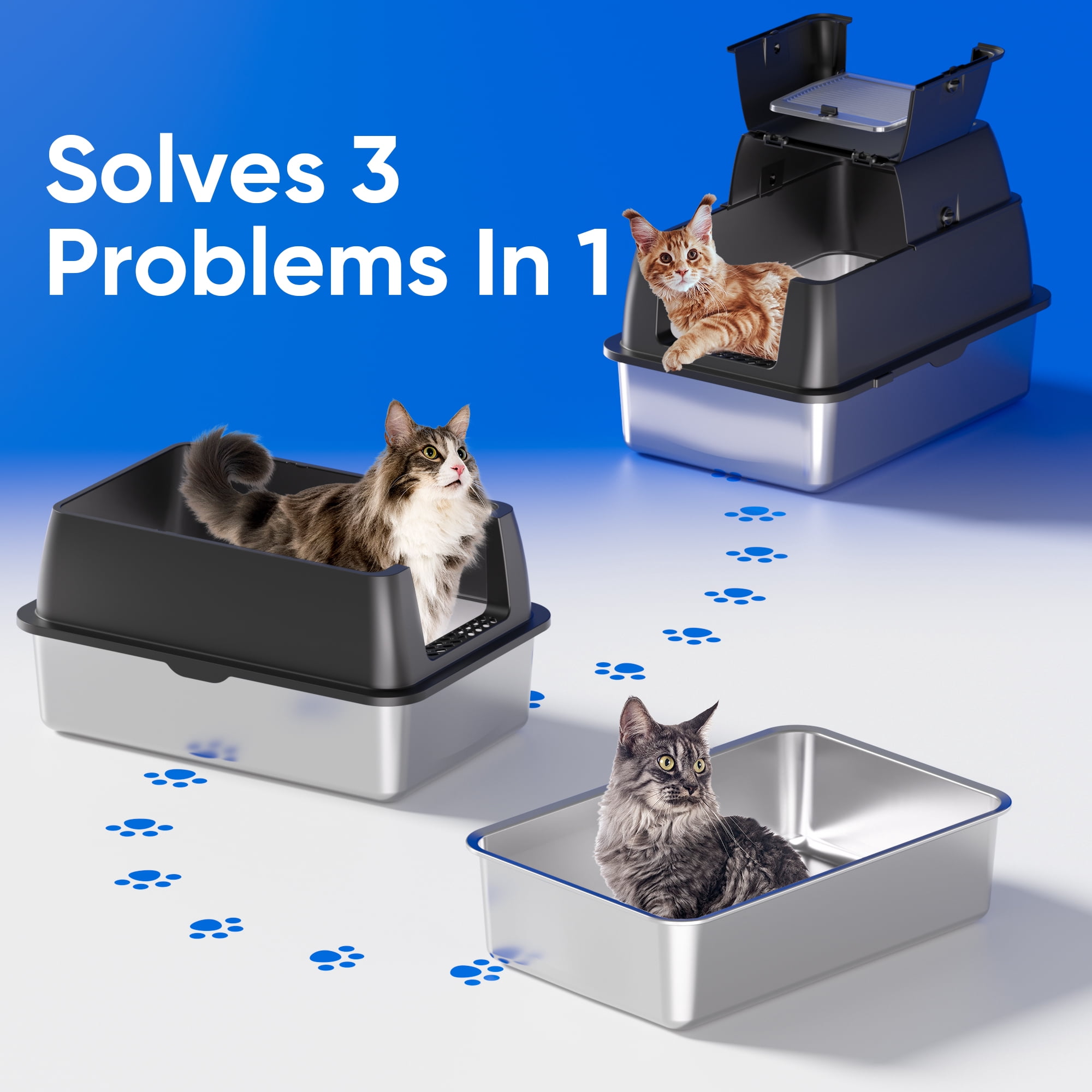 Stainless Steel Cat Litter Box with Lid - XL 18" Deep for Big Cats,180° Flip-Top, Odor-Free & Anti-Leak with Scoop