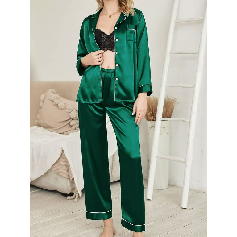 DAKIMOE Sleepwear Womens Silky Satin Pajamas Set Long Sleeve Nightwear  Loungewear, Green, M 