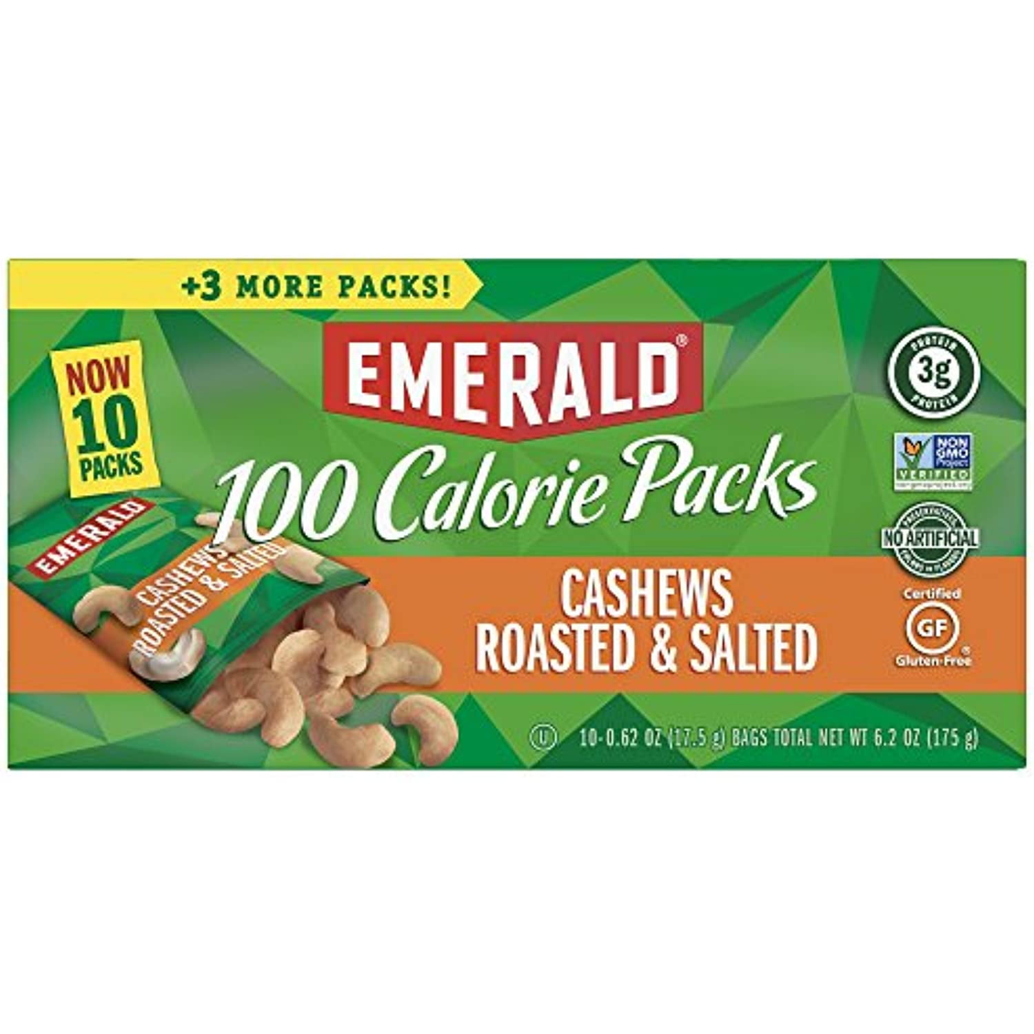 Emerald Nuts, Cashews Roasted And Salted, 100 Calorie Packs, 10 Count, 6.2 Oz