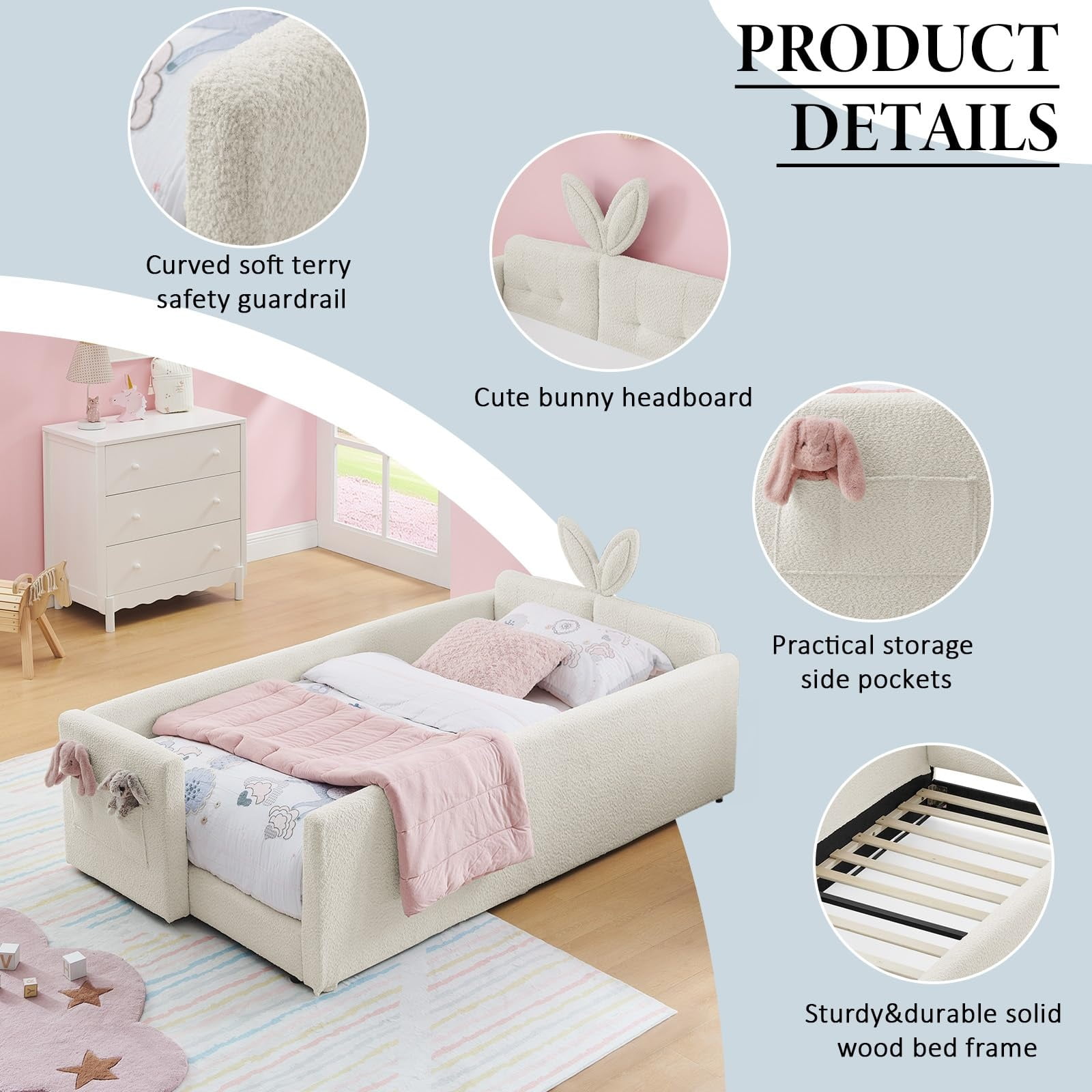 Deiokin Twin Size Bunny Ear Platform Bed Frame, Upholstered Boucle Fabric Bed Frame with Safety Rail & Storage Pocket