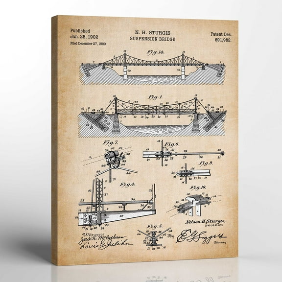 Bridge Art, Patent Suspension Bridge Canvas Print, Ready To Hang for Living Room Home Wall Art, C2314-16x20