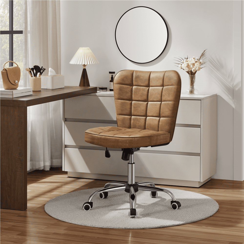 Alden Design Modern Tufted Armless Desk Chair with Chrome Finish Metal Base, Retro Brown