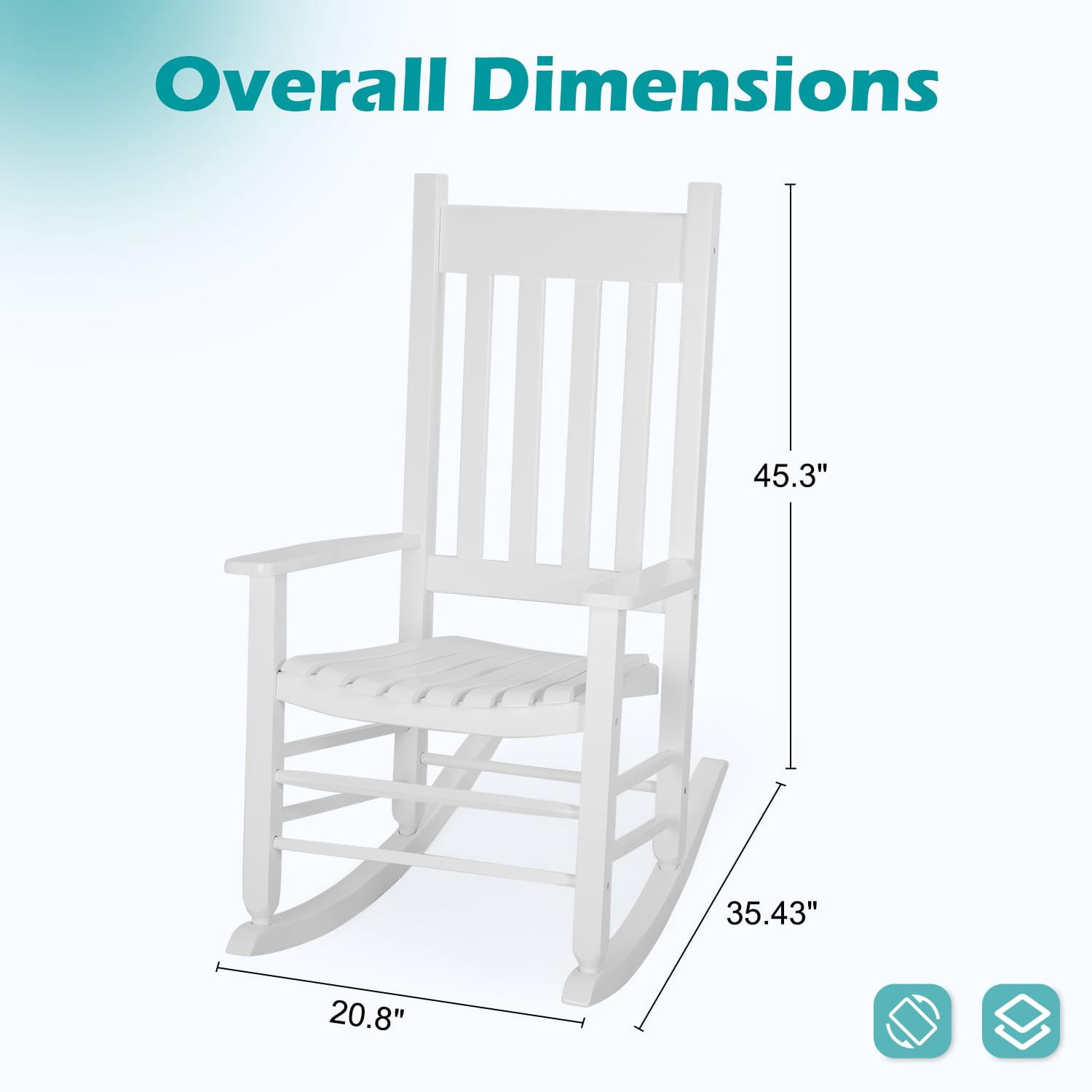 NiamVelo Outdoor Solid Hardwood Porch Rocking Chair 243 lbs Capacity for Home Garden, White