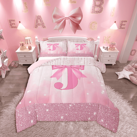 Castle Fairy Initial J 3pc Full Comforter: Kawaii Pink Bow Bling Glitter Print