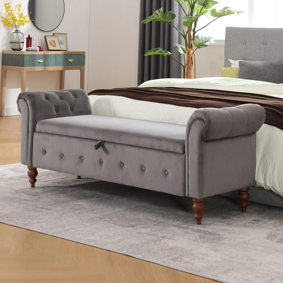 Extra Long 63" Storage Ottoman Bench with Rolled Arms, Velvet Tufted Footrest for Living Room, Bedroom, Hallway Organizer, Grey