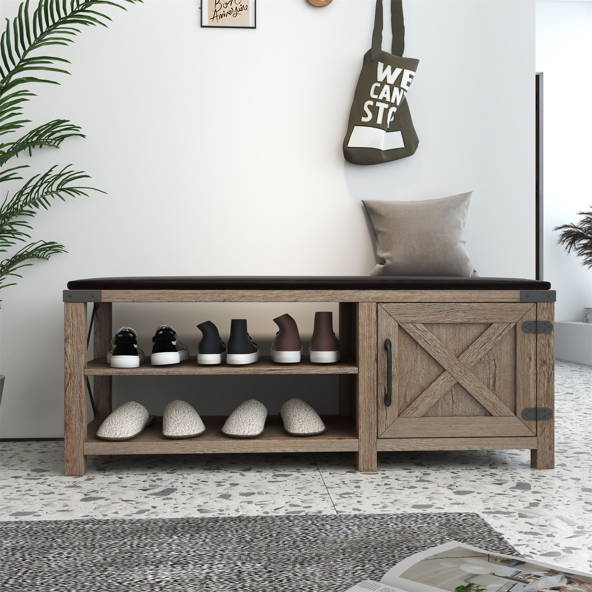 Kadyn 47.24" Modern Farmhouse Shoes Bench With Seat Cushion, Light Brown Kadyn 47.24" Modern Farmhouse Shoes Bench With Seat Cushion, Light Brown