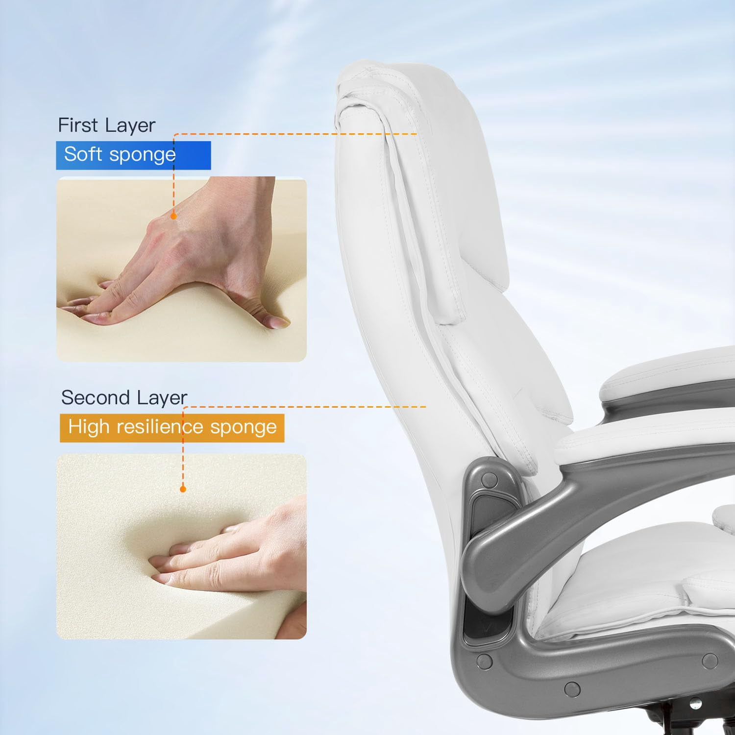 400lbs Big and Tall Office Chair  Ergonomic Desk Chair PU Leather Computer  Chair Adjustable High Back Rolling Chair with Lumbar Support for Adults, White