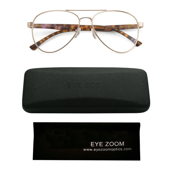 EYE ZOOM Unisex Aviator Style Blue Light Blocking Reading Glasses, Gold 2.00