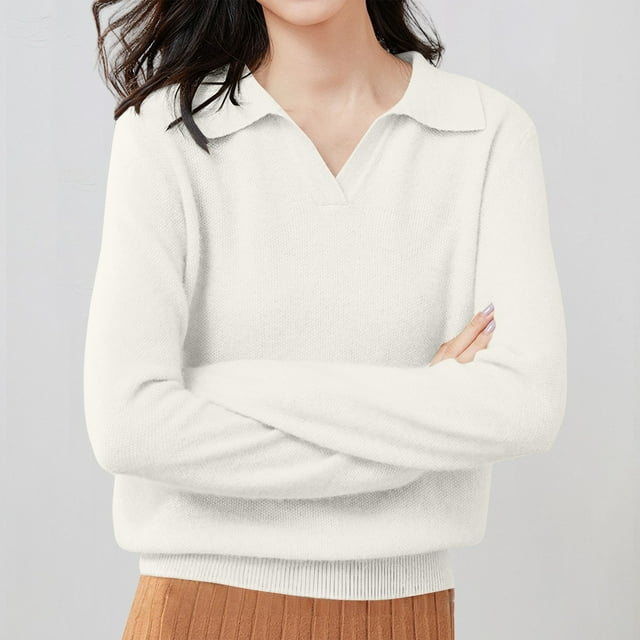 Polo Pullover Sweater Pullover Sweater Loose Pullover Oversized Dressy Tops Sweaters for Women Soft Warm Cozy Polo Sweater Basic Sweater Tops Oversized Sweatshirt Collared Sweaters White S