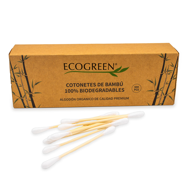 EcoGreen® - Caja con 500 cotonetes, fabricados de bambú, 100% biodegradables y ecológicos.