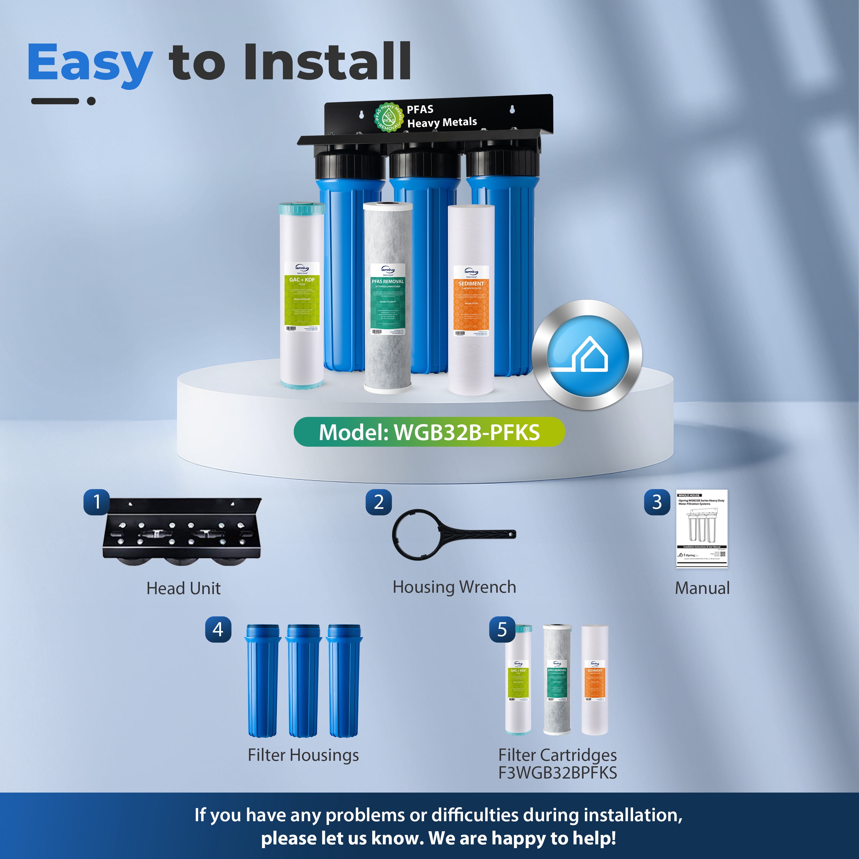 iSpring WGB32B-PFKS PFAS & Heavy Metals Whole House Water Filter System, SGS-Tested to Reduce Up to 99% PFOA & PFOS, 3-Stage Filtration Removes Sediment, Lead, Chlorine, Taste & Odor