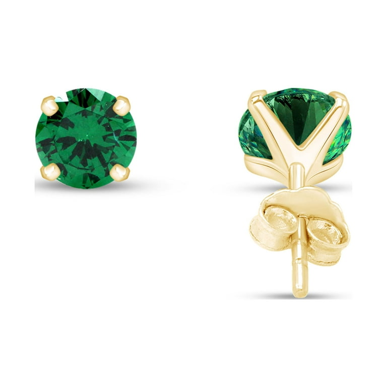 AFFY 3mm Round Cut Simulated Emerald Stud Earrings in 14k Yellow