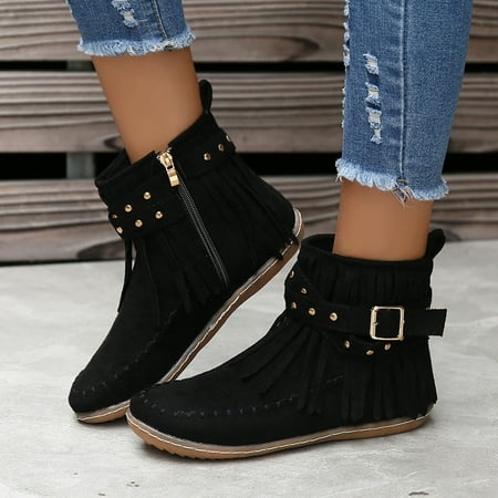 

Aayomet Womens Boots Ankle Solid Color Fringe Booties Comfortable Flat Mid Cylinder Round Head Plus Size Western Boots (Black 8.5)