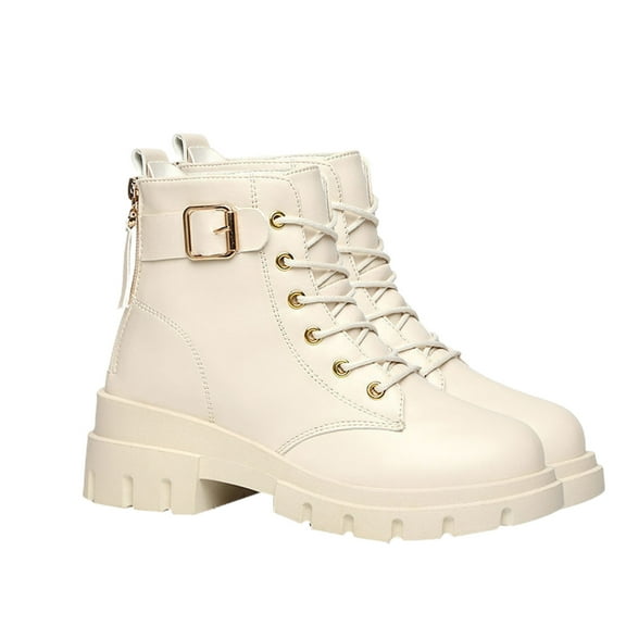 Lovskoo 2024 Ankle Boots for Women Round Toe Platform British Korean Style Fall And Winter Heightening Thick Sole Fall And Winter Short Boots White