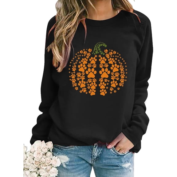 Fall Sweatshirt for Women Pumpkin Dog Paw Pullover Halloween Graphic Long Sleeve Shirt Tops