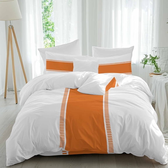 Orange Comforter Set Twin Size, Stripes Solid Color Soft Bedding Set for Man Woman, 4 Pieces Duvet Cover Set with Fitted Sheet, 2 Pillowcases
