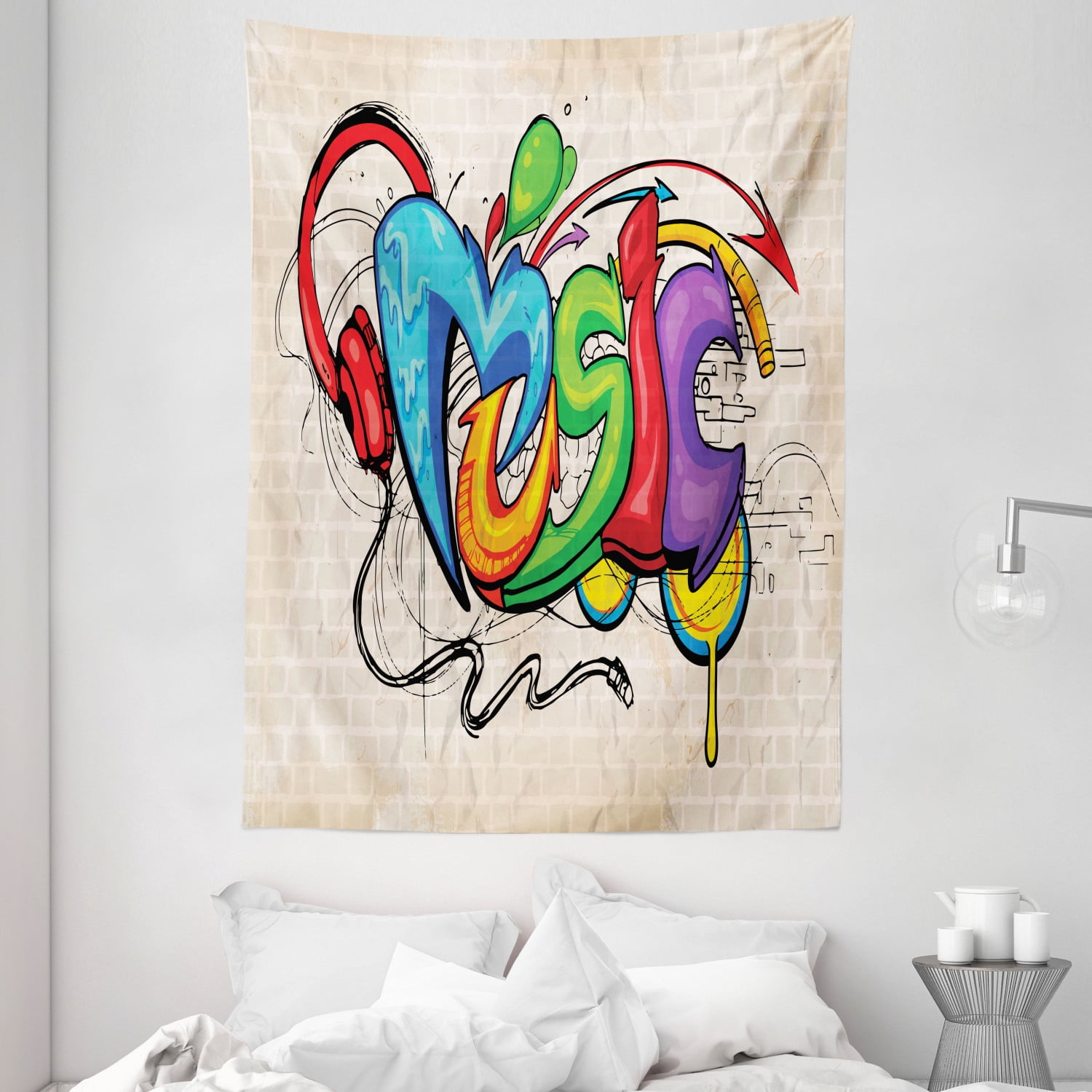 Music Tapestry, Illustration of Graffiti Style Lettering Headphones Hip