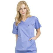 med couture women's v-neck signature 3 pocket scrub top, ceil/navy, x-small