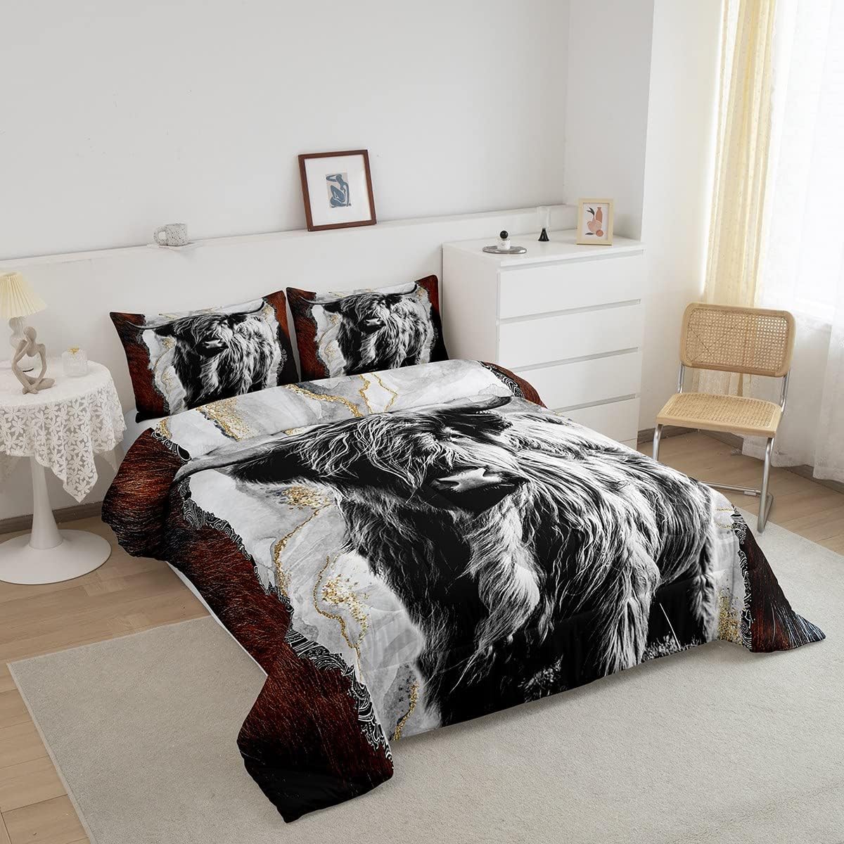 Highland Cow Comforter Set Full,Bull Cattle Bedding Set,Gold Grey Marble Duvet Insert Men,Wildlife Farmhouse Cow Down Comforter with 2 Pillowcases Home Room Decor