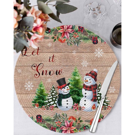 13 Inch Round Placemats Set of 6, Christmas Non Slip Heat Insulation PP Table Mats, Snowman Snowflake Xmas Tree Winter Wooden Washable Place Mats for Kitchen Dining Party Table Decor