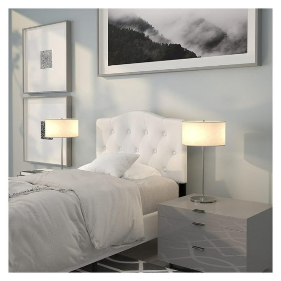 Cambridge Tufted Upholstered Twin Size Headboard in White Fabric with Nailhead Trim