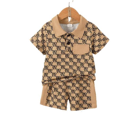 Mikrdoo Baby Boys Summer Clothes "BOYS" Letter Graphics 18 Months Infant Boys Full Print Turn-down Collar 24 Months Boys Pocket Shirts Elastic Shorts 2Pcs Outfit Sets Apricot