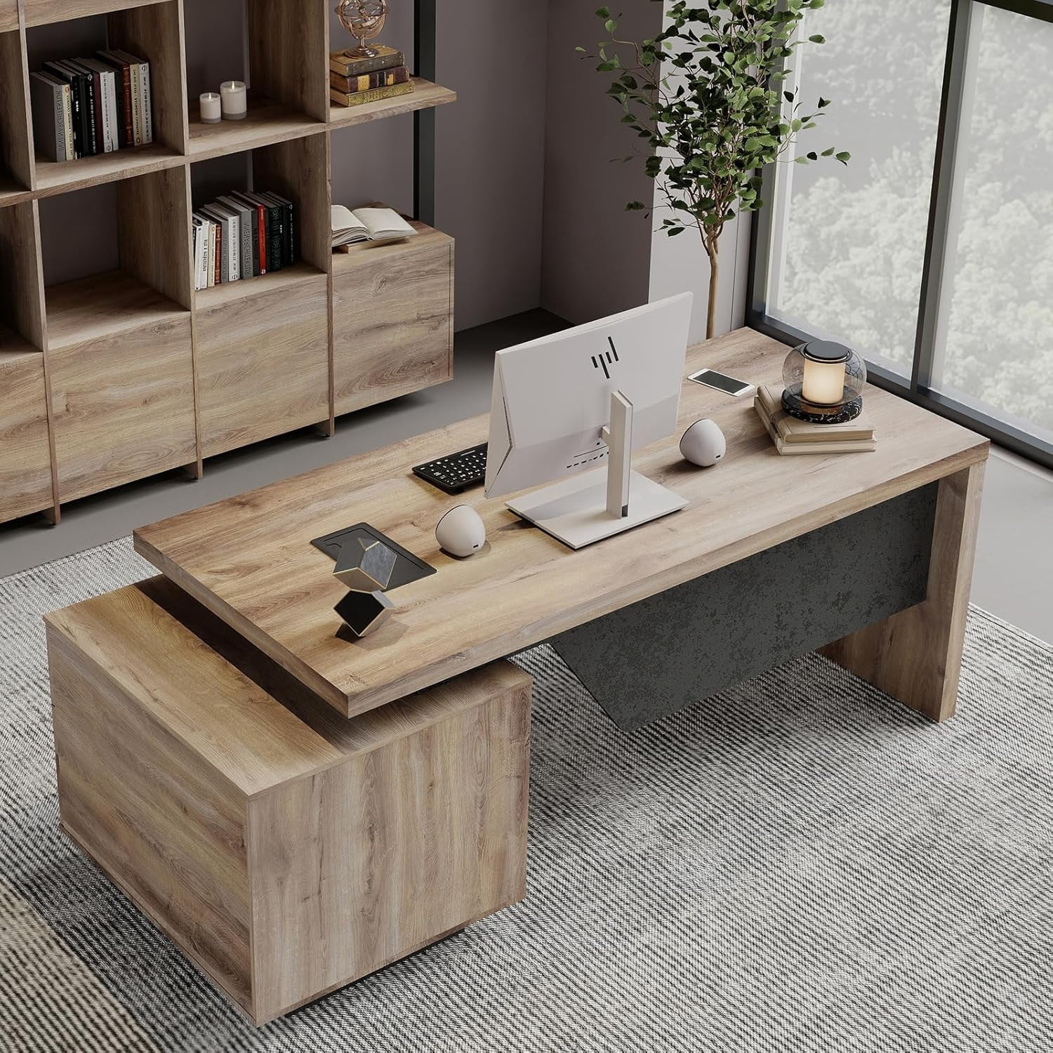 63" Executive Desk with Cabinet File Drawer Cable Management(Mahogany, Right)
