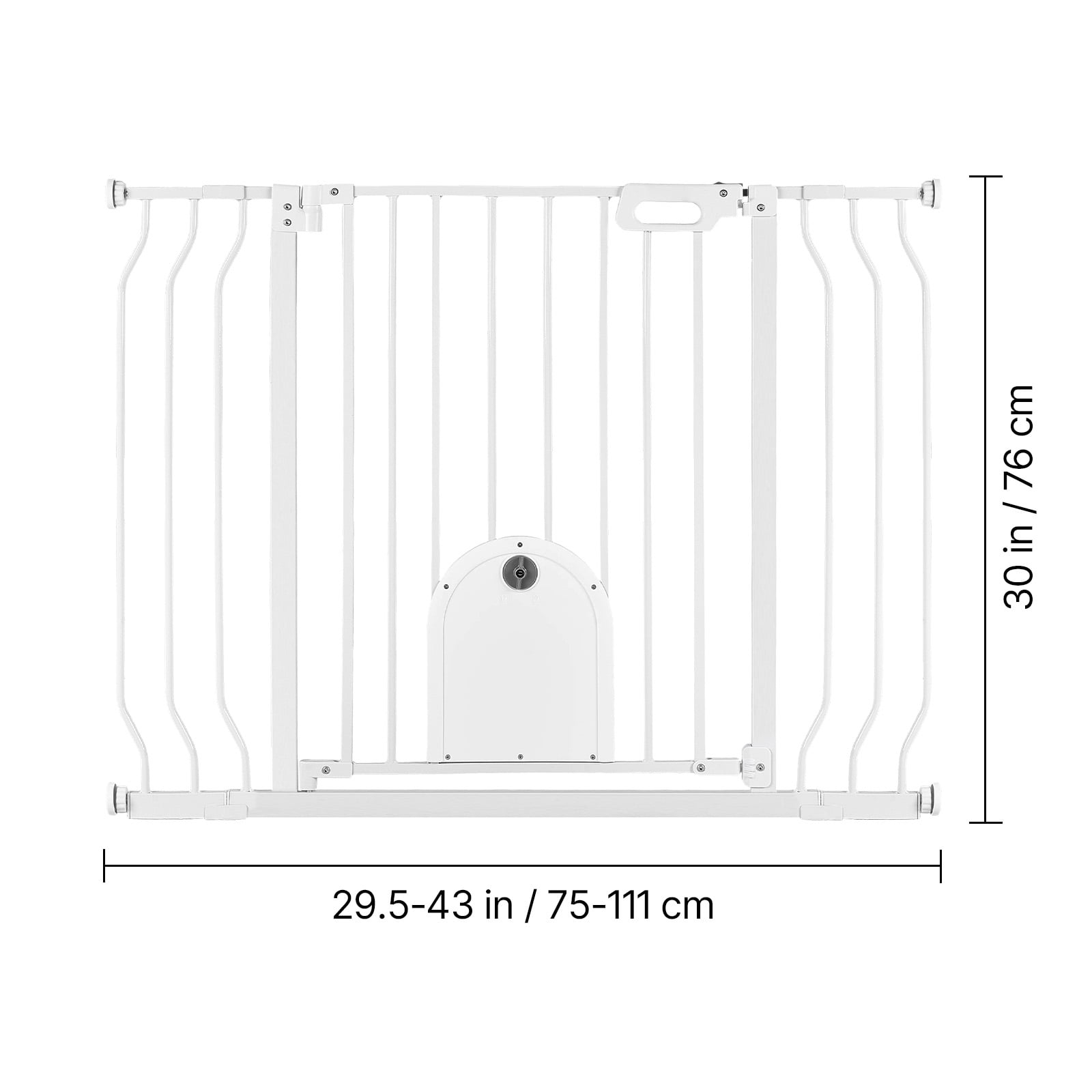 KFFKFF Adjustable Baby Gate for Stairs, 29.5-43 in Width, Baby Gate with Cat Door, Includes Pressure and Wall Mount Kits, Secure Metal Gate for Stairs, Doorways, and Home Use, White