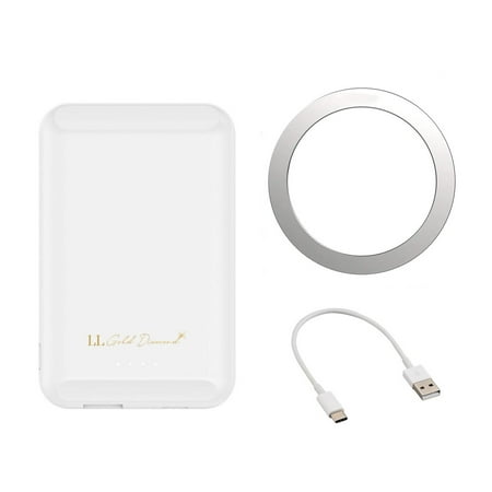 LL Gold Diamond Magnetic Wireless Power Bank QC3.0 Charging with Metal Ring Sticker, Portable 5000 mAh Compatible with iPhone 13/12 Series, Samsung & Many More. (White)